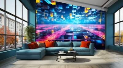 Futuristic digital landscape, vibrant neon colors, tech interface, perfect for sci-fi settings Wall mural