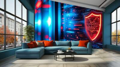 Futuristic digital shield technology, red and blue, cyber security representation. Generative AI Wall mural