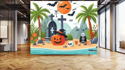 Halloween beach scene vector illustration, pumpkins and bats, tropical setting, holiday poster Wall mural