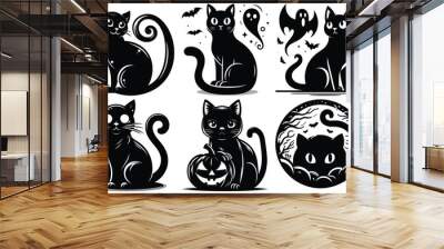 Halloween black cat illustrations with spooky elements, monochrome vector, holiday decor Wall mural