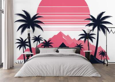 Minimalist retro style landscape with palm trees and pink sun, vector illustration, web design Wall mural