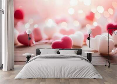 Romantic hearts in pink and white hues on wooden table, perfect for Valentine's Day decor Wall mural