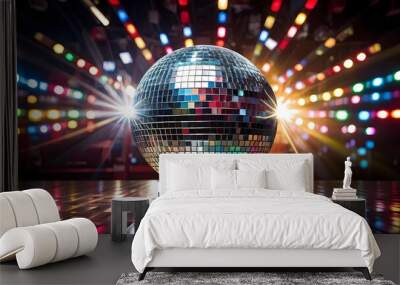 Shimmering disco ball illuminating dance floor with colorful lights, perfect for party decor. Generative AI Wall mural