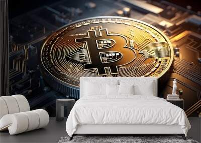 Shiny Bitcoin coin on dark circuit board, metallic hues, digital currency, tech banner. Generative AI Wall mural