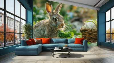 A hare is having breakfast on a beautiful summer morning. Wall mural