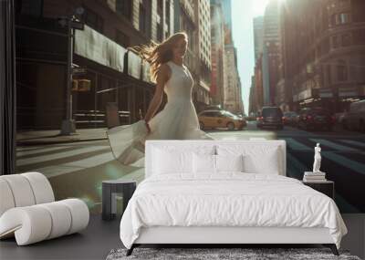 A woman in a white dress walks down the street. Wall mural