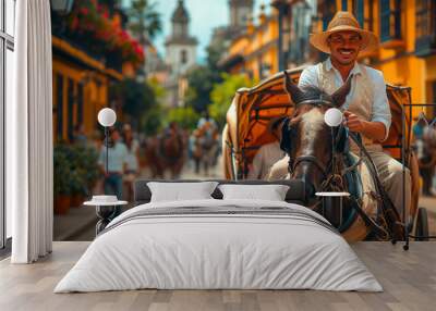 Excursion trip by horse-drawn carriage in a Spanish city. Wall mural