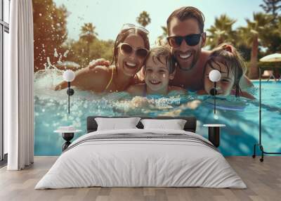 Happy family having fun in the pool. Wall mural