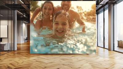 Happy family having fun in the pool. Wall mural