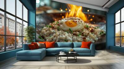 Oatmeal porridge with egg . Wall mural