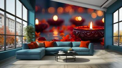 Warm Diwali diyas with flower petals, festive glow for celebration and decoration Wall mural