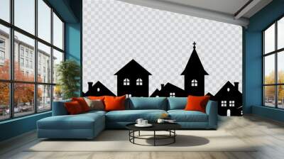 City with church and town hall, black silhouette on checkered background, window decoration, vector illustration, transparency, cut out Wall mural