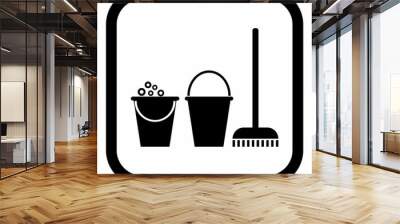 cleaning room icon, black silhouette of two buckets and broom on the floor, vector illustration, symbol, button, frame Wall mural