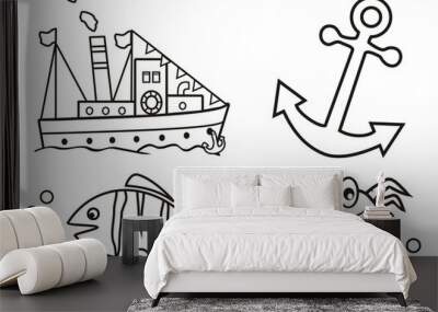 ocean - coloring book, four picture, boat, anchor fisch and crab, vector illustration, Wall mural