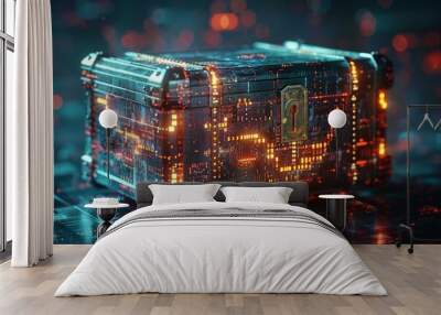 A high-tech treasure chest secured with advanced encryption, holding valuable digital secrets. Wall mural