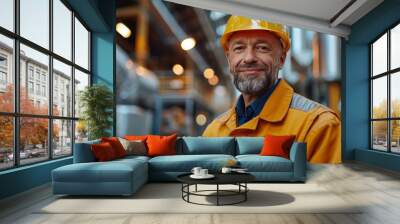 Confident engineer in uniform inspects warehouse with tablet, smiling at work on site. Wall mural