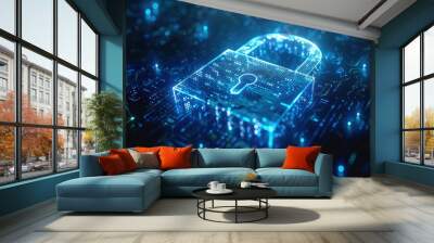 Futuristic digital lock icon glowing on a blue circuit board, symbolizing cyber security and data protection in a high-tech environment. Wall mural