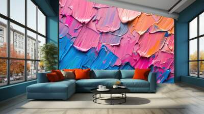 Vibrant abstract painting with thick brush strokes in pink, blue, and orange hues. Modern art texture, expressive and colorful for creative backgrounds. Wall mural