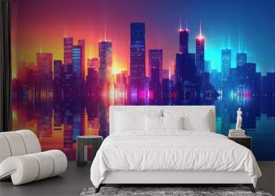 Vibrant city skyline at sunset, reflecting in water, with a mix of warm and cool tones creating a stunning, modern urban landscape. Wall mural