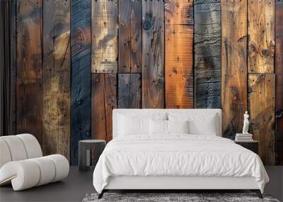 This image showcases various wooden planks with different colors and textures, highlighting the natural grain and finish of each piece of wood in a close-up view. Wall mural