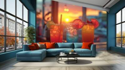 Vibrant cocktails with various garnishments are lined up on a bar counter with a warm sunset background Wall mural