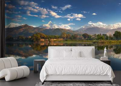 Incredible Himalayas. Panoramic view from the lakeside at the foothills of the magnificent Annapurna mountain range.  Wall mural