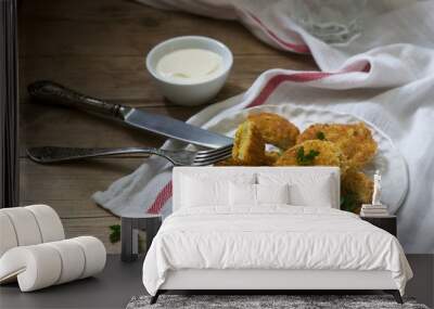 A traditional American dish of fried green tomatoes served with yogurt. Rustic style. Wall mural