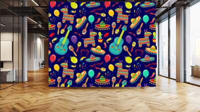 Cinco de Mayo Vector Seamles Pattern with Fiesta Elements. Mexican Attributes Sombreros, a Guitar, Cactus and decoration. Vector illustration Wall mural