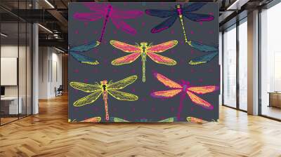 Hand drawn stylized dragonflies seamless pattern for girls, boys, clothes. Creative background with insect. Funny wallpaper for textile and fabric. Fashion style. Colorful bright Wall mural