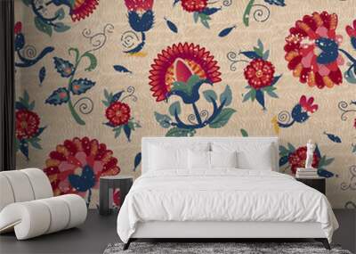 Seamless ethnic floral pattern red on beige Wall mural