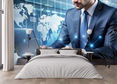 Businessman working at a laptop. Business strategy as concept Wall mural