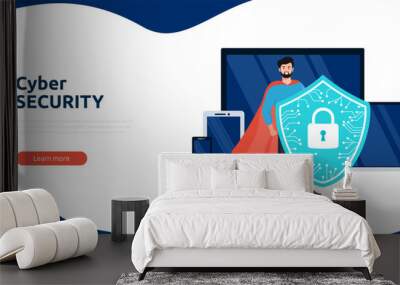 Cyber security or web security web banner or landing page. Cyber safety and privacy concept. The hero man holding online protection shield as symbol of defense and secure. Wall mural