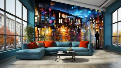 An artistic night scene of a city with vibrant colors and light streaks, conveying a sense of urban beauty and modernity Wall mural