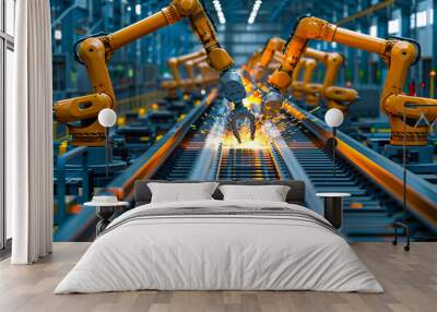 Automated robot arms in a car factory, industrial technology in automobile production Wall mural