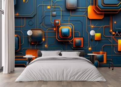 Digital circuit technology, blue abstract background with futuristic computer elements Wall mural