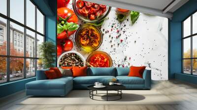 fresh ingredients for cooking, organic vegetables and spices on wooden background Wall mural