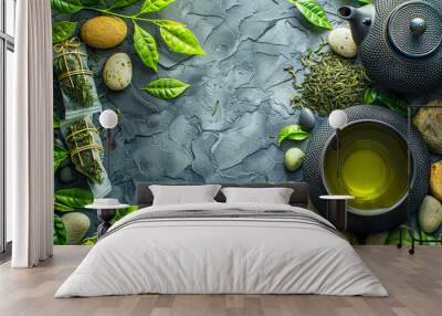 Healthy green herbs and fresh vegetables, Asian cuisine ingredients on a table Wall mural