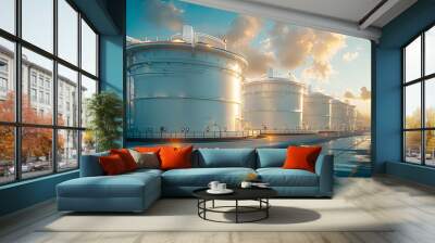 Industrial refinery with steel tanks, focusing on chemical and oil production Wall mural