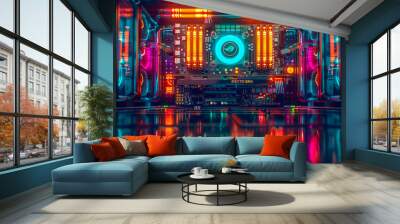 Inside digital technology, neon light corridor in futuristic computer hardware Wall mural