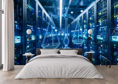 Justice and technology merge, symbolizing digital law with scales and gavel in cyberspace Wall mural