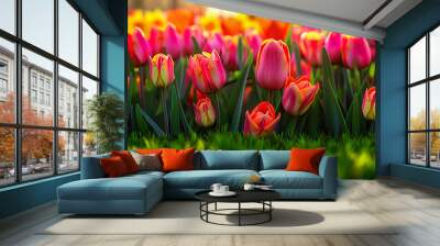 Red and pink tulips blooming in a lush green garden during spring Wall mural