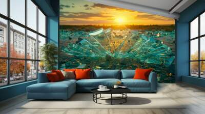 Serenity at sunset over water, abstract beauty of nature with vibrant light reflections Wall mural