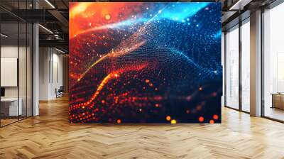 Abstract digital background with glowing blue and red dots waving, a technology concept representing big data Wall mural