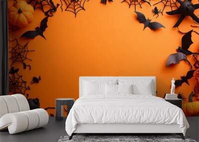 Halloween background with spooky elements on orange paper Wall mural