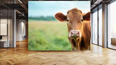 A close up of a brown calf with a white snout standing in a lush green field during sunset Wall mural