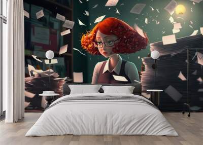 Red hair accountant or manager tired at work desk, mess on the table, stacks of papers, a lot of paperwork. Concept of workload, problem of overwork and stress at work, in the office. Generative AI Wall mural