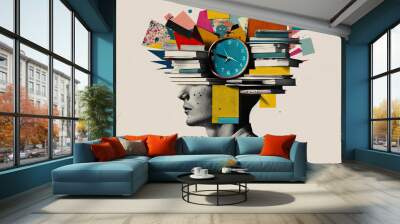 Tired man with a stack of books, chaos of papers and clock on his head, concept of time management, baggage of knowledge, overwork, cyber hygiene, contemporary art collage, Generative AI Wall mural