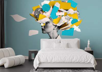 Tired woman working in the office, head full paper explosion, fast-paced life, time management, work-life balance, modern art collage, modern design, Generative AI Wall mural