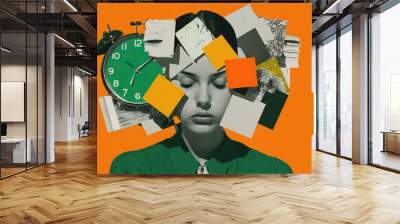 Young woman with chaos around her head from documents and watches, the concept of time management, chronic fatigue and overwork, contemporary art collage, modern design, Generative AI Wall mural