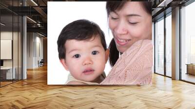 Closeup portrait of cute mother with child isolated on white bac Wall mural